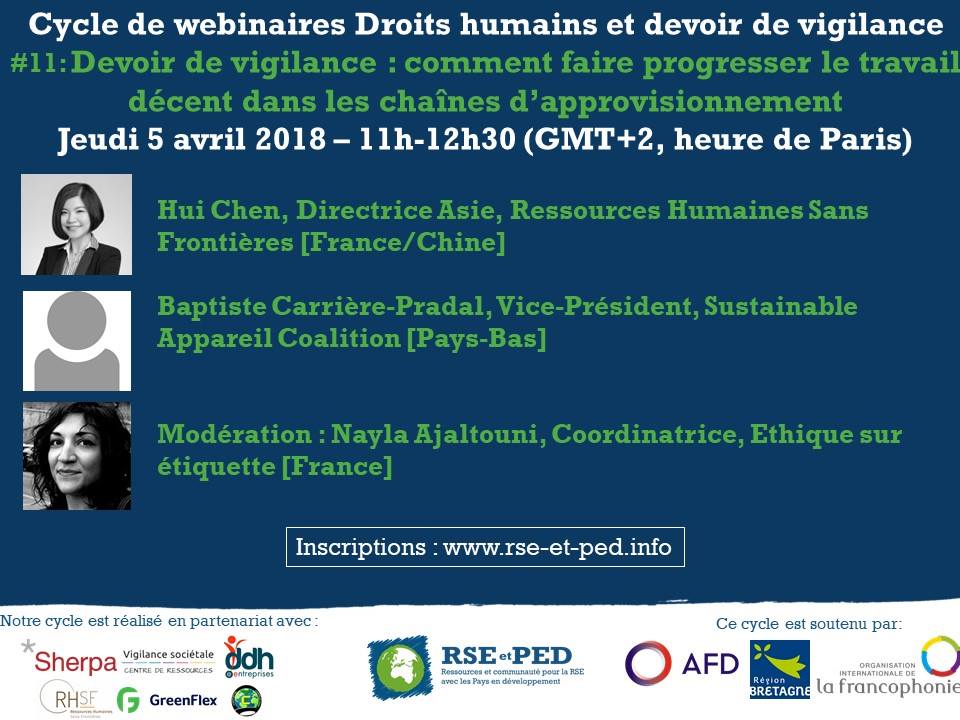 Affiche du WEBINAIRE "Devoir de vigilance, comment faire progresser le travail décent dans les chaînes d'approvisionnement"