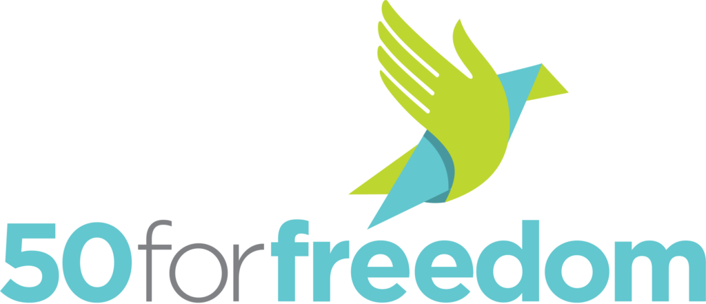 Logo representing 50 for freedom composed of a bird in flight symbolising freedom