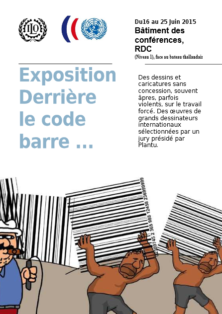 Affiche promotionnelle de l'inauguration de l'exposition "Derrière le code barre..." représentant des travailleurs qui portent des code-barres sur leur dos